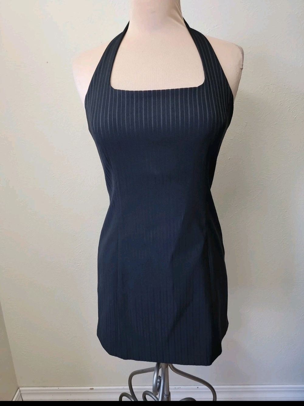 Y2k bebe Black Pinstripe Halter Mini Dress 90's Bodycon